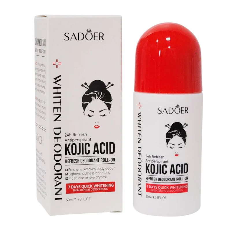 DESODORANTE ROLL-ON REFRESCANTE CON ACIDO KOJICO BLANQUEADOR, HIDRATANTE, ELIMINA LAS MANCHAS OSCURAS Y REFRESA, DETIENE EL SUDOR SADOER 50ML