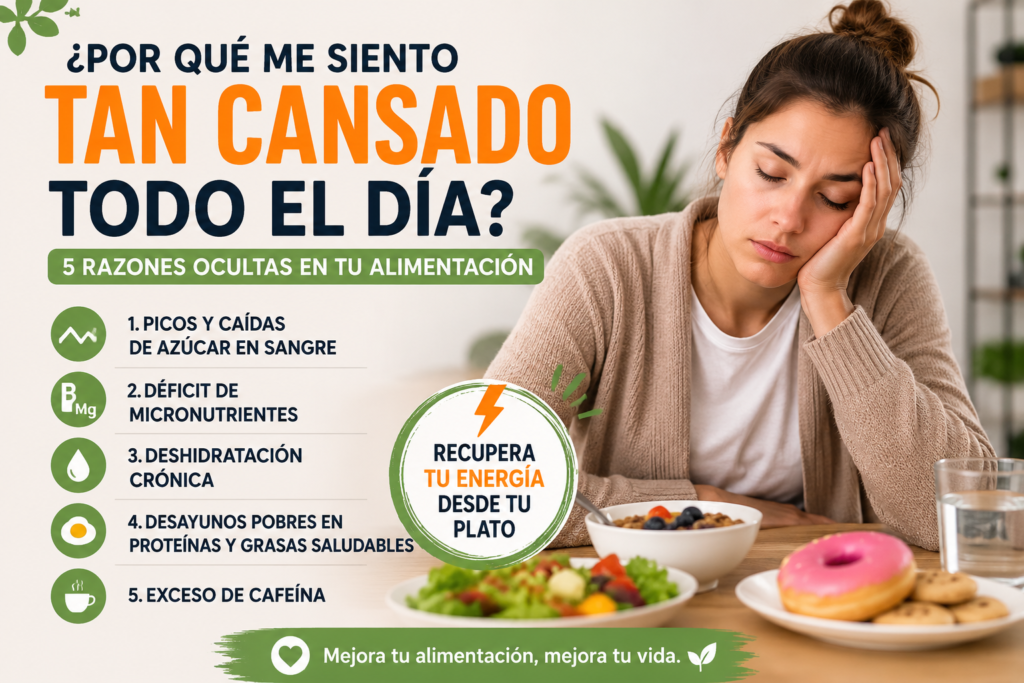 Por qué me siento tan cansado todo el día: factores alimentarios como el exceso de azúcar, la deshidratación y la falta de nutrientes.