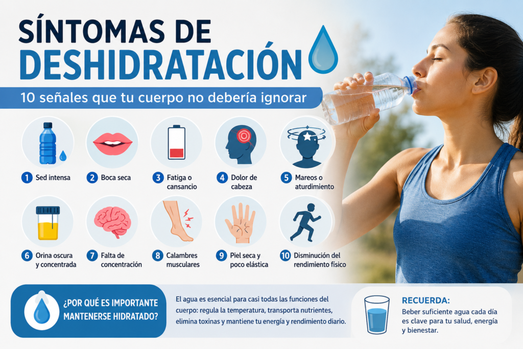 sintomas de deshidratación: infografia con 10 señales que indican falta de hidratación y pueden afectar a la energia y el bienestar diario